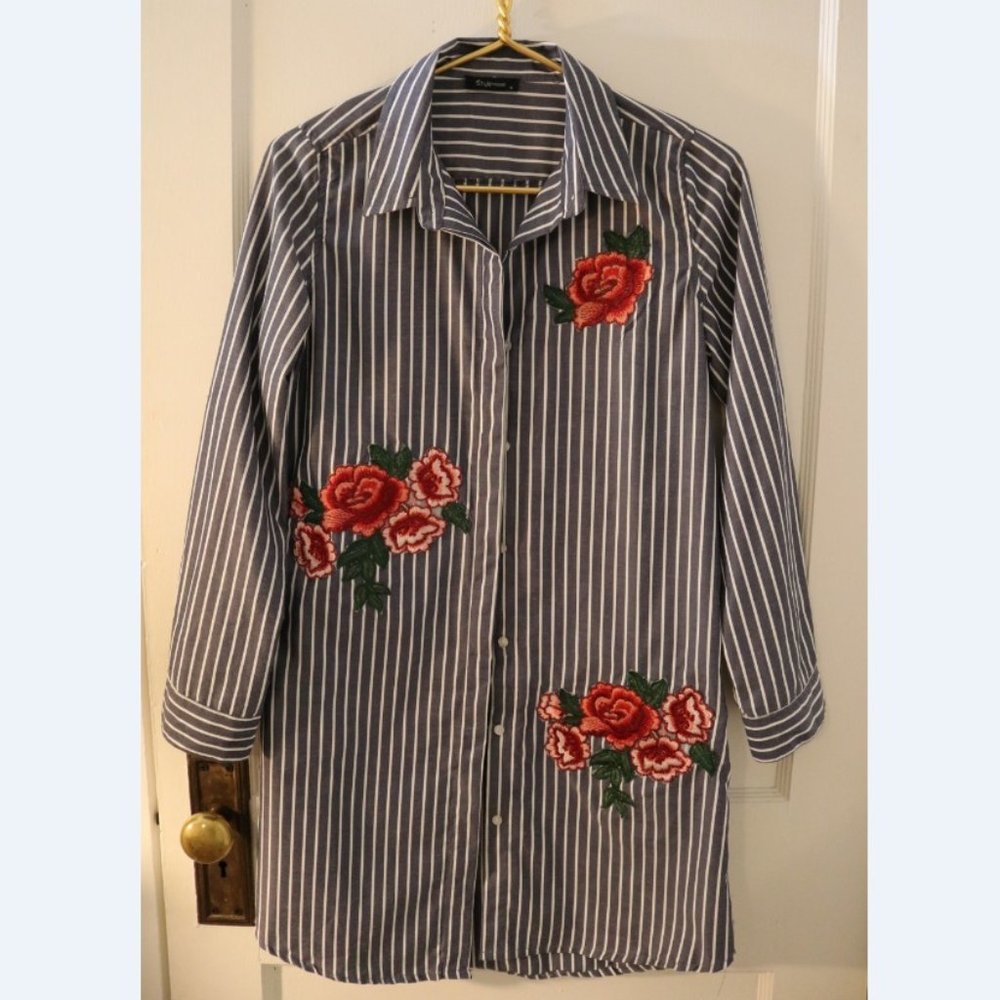 💐 STYLE HOUSE Striped Long Floral Button Down Blouse Small Stylehouse 💐